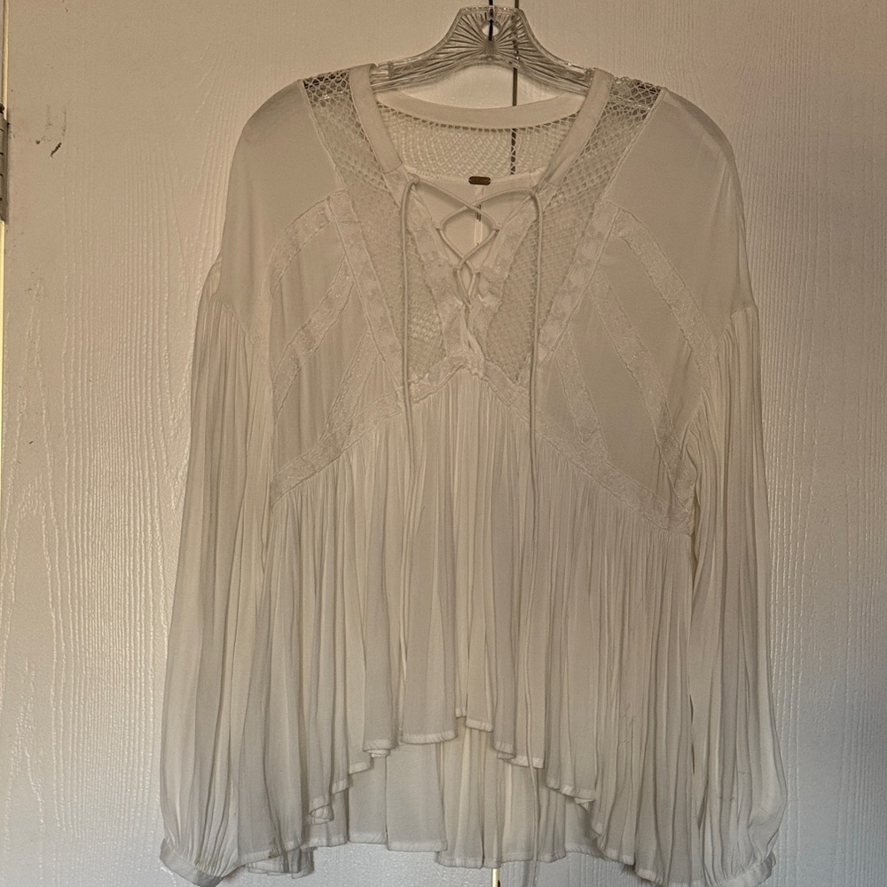 Free People Cream Lace-Up Blouse